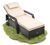 Casaria® Chaise longue en polyrotin Noir-Crème coussin 7cm 2 roulettes Max 160kg Dossier réglable Bain de soleil jardin