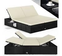 CASARIA Chaise longue XL noir crème extrémités réglables bain de soleil 2 places polyrotin chaise d’extérieur transat