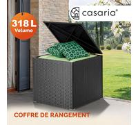 Casaria Coffre de rangement 318 L avec couvercle 75x75x70cm idéal coussin polyrotin Résistant intempéries Revêtement imperméable Intérieur Balcon Noir