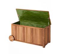 Casaria Coffre de Rangement en Bois 350 L | Design Lattes, 2x Roues, 124,52,58 cm, Poignées intégrées, Charge max Couvercle 160 kg, Bâche Intérieure, Malle de Jardin