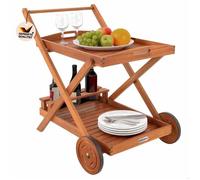 CASARIA® Desserte à roulettes en Bois d'Acacia Chariot de Service à 2 Niveaux avec 3 Porte Bouteilles Plateau de Service