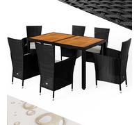 CASARIA® Ensemble salon de jardin 7 pièces polyrotin noir set 1 table + 6 chaises avec coussins bois d’acacia exterieur