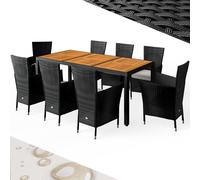 CASARIA® Ensemble salon de jardin 9 pièces polyrotin noir set 1 table + 8 chaises avec coussins bois d’acacia exterieur