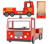 CASARIA® Lit Enfant Camion de Pompier 90x200 cm Rouge – Lit Voiture avec Sommier à Lattes Inclus, Barrières Anti-Chute, Gyrophare Lumineux & Volant – Lit Garçon Bois MDF