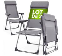 CASARIA® Lot de 2 Chaises de Jardin Pliantes en Aluminium Gris – Dossier Réglable 6 Positions avec Accoudoirs, Chaises Extérieur pour Terrasse, Balcon, Camping, Plage & Piscine