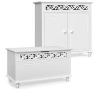 CASARIA® Lot de 2 Meubles de Rangement Blancs pour Salon, Entrée, Chambre | Banc Coffre avec Couvercle 80x40x48 cm, Commode Buffet Bas 2 Portes 76x65x35 cm, Style Classique Vintage, Motifs Décoratifs