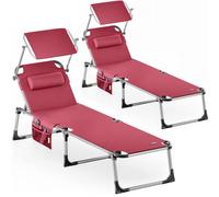 CASARIA® Lot de 2 Transats Pliables avec Pare-Soleil Réglable - Chaises Longues de Jardin, Bain de Soleil 210 cm - Terrasse, Piscine, Plage - 180 kg - Rouge