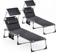 Casaria® Lot de 2 Transats Pliables avec Pare-Soleil Réglable - Chaises Longues de Jardin, Bain de Soleil 210 cm - Terrasse, Piscine, Plage - 180 kg - Anthracite