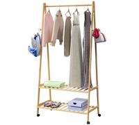 CASARIA® Portant à vêtements en bambou avec roulettes Porte-manteaux avec 2 étagères 4 crochets Rangement mobile 155x70x45cm