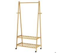 Casaria® Portant à vêtements en bambou avec roulettes Porte-manteaux avec 2 étagères 4 crochets Rangement mobile 155x70x45cm