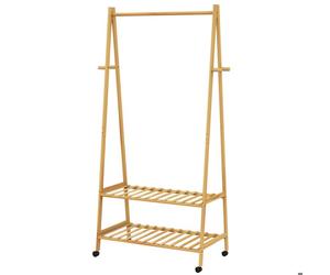 CASARIA® Portant à vêtements en bambou avec roulettes Porte-manteaux avec 2 étagères 4 crochets Rangement mobile 155x70x45cm