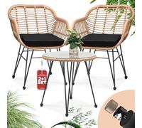 CASARIA Salon de Jardin Bali 3 pièces 1 Table 2 fauteuils Osier Coussin Ensemble Table et chaises Balcon Plateau de Table Verre intérieur extérieur