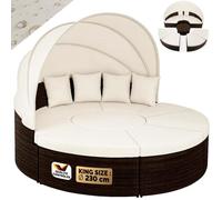 CASARIA® Salon de jardin brun rond 230 cm de diamètre ensemble en polyrotin avec coussins et pare-soleil bain de soleil
