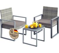 CASARIA® Salon de jardin Gris WPC en polyrotin 2 chaises 1 table Pieds réglables Résistant aux intempéries Balcon Meubles Lounge Set