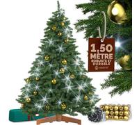 CASARIA® Sapin de Noël Artificiel Premium 150cm lot 54 Boules de Noël Or Guirlande Lumineuse LED 20m Blanc-Froid Pied Bois certifié FSC® Arbre de Noël PE PVC