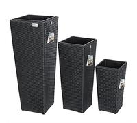 Set de 3 pots de fleurs polyrotin noir cache-pot pot intérieur évacuation eau extérieur intérieur bac à fleurs jardinière