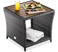 CASARIA® Table d'appoint en polyrotin 45x45x40cm gris avec plateau en bois d'acacia Petite table basse de jardin balcon extérieur