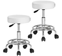 Casaria® Tabouret à roulettes Blanc Set de 2 réglable en Hauteur 51-65 cm Rembourrage 10 cm pivotable 360 °C Repose-Pieds Bureau