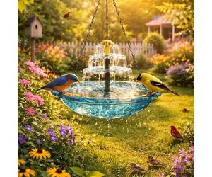 Cascade Solaire Fontaine Suspendue Bain Oiseaux, Abreuvoir De Jardin Extérieur avec Pompe À Eau Autonome, Bol Et Chaîne, pour Colibris, Cour Et Patio (A)