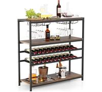 Casier à bouteilles avec vitrine et étagères en bois, meuble à fûts sur pied, casier à bouteilles pour le salon et la salle à manger, panier à linge rustique de couleur marron