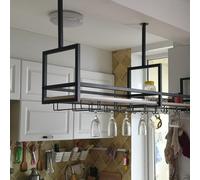 Casier à vin avec suspension au plafond, support de bouteille de vin à 1 niveau avec support en verre, présentoir à vin industriel, supports de bar à vin, étagères de rangement flottantes noires ( Siz