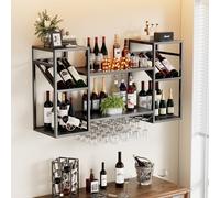 Casier À Vin Mural en Métal Porte-Bouteilles Muraux Industriels avec Porte-Verres 3 Niveaux Casier à Vin Flottant Suspendu Mural Présentoir à Vin Mural pour Bars, Cuisines et Restaurants 120*25*60CM
