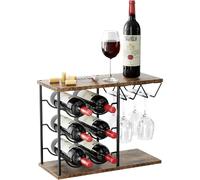Casier à vin rétro 2 en 1 avec porte-verres 6 bouteilles marron