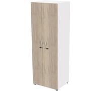 Casier simple Eminence L. 64,2 x H. 184 cm - Meuble colonne 2 portes toute hauteur avec serrures à code indépendantes - 3 niches par porte - Corps Blanc - Portes Chêne Canadien