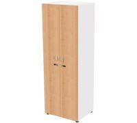Casier simple Eminence L. 64,2 x H. 184 cm - Meuble colonne 2 portes toute hauteur avec serrures à code indépendantes - 3 niches par porte - Corps Blanc - Portes Hêtre