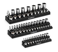 CASOMAN Lot de 3 organiseurs de douilles magnétiques, kit de support de douilles, 1/2", 3/8", 1/4", peut contenir 75 douilles métriques, couleur noire, organisateur d'outils de qualité professionnelle