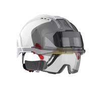 Casque de chantier ventilé porte badge avec sur-lunettes intégrées et bandes réfléchissantes EVO VISTAlens JSP SAFETY - Blanc