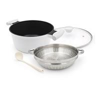 Casserole 28 cm avec couvercle, grande cocotte à manche de 7 L -Blanc | avec panier vapeur, revêtement antiadhésif - cocotte à double poignée，sans PTFE ni PFOA