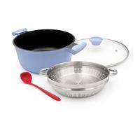 Casserole 28 cm avec couvercle, grande cocotte à manche de 7 L -Bleu | avec panier vapeur, revêtement antiadhésif - cocotte à double poignée，sans PTFE ni PFOA