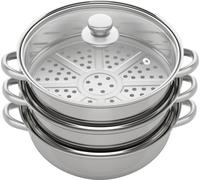 Casserole à vapeur en acier inoxydable - 3 étages - 28 cm - Couvercle en verre - Compatible induction et gaz - À triple paroi - Argent