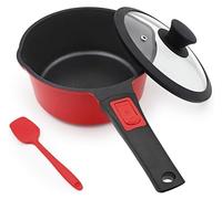 Casserole en acier inoxydable de 16 cm avec couvercle, 1,5 L, antiadhésive, avec manche amovible, compatible avec toutes les sources de chaleur, utilisable au four, de couleur rouge et noir