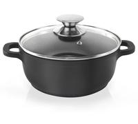Casserole en fonte avec couvercle en verre - Idéale pour les soupes et les bouillons - 24 cm - 4 litres - Compatible avec les plaques de cuisson à gaz et à induction - Noir