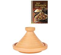 Casserole tajine marocaine pour cuisiner + livre de cuisine | Casserole non émaillée Aladin Ø 26 cm pour 1 à 3 personnes | avec recettes livre cuisine nord-africaine | pot en terre cuite fait à la