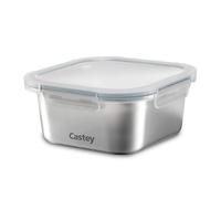 Castey - Récipient carré en acier inoxydable, 600 ml, fermeture hermétique avec couvercle, pour conservation des aliments, couvercle sans BPA, design anti-déversement, passe au lave-vaisselle