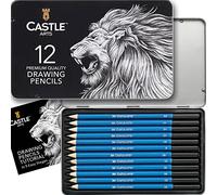Castle Art Supplies Set de 12 Crayons à Dessiner en Graphite | Pour les Artistes Adultes - Débutants et Avancés | Présentés dans un Étui en Métal Attrayant, Compact et Robuste avec Tutoriel Fourni