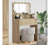 Casvera Coiffeuse pour chambre à coucher en chêne Sonoma - 80 x 39,6 x 135 cm - Avec tiroir, console miroir et éclairage LED - Table de maquillage avec tapis de chargement sans fil
