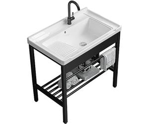 CATANK Accueil Éviers de Cuisine Éviers Utilitaires pour buanderie, évier en céramique avec Support en Acier Inoxydable et kit de vidange, lavabo en céramique pour buanderie, Salle de lav
