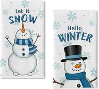 CATASTRBT Lot de 2 Torchon Cuisine Hiver 46 x 66 cm Torchons de Cuisine d'hiver Kitchen Towels Bleus Motif de Pin Bonhomme de Neige Let it Snow Hello Winter pour Articles ménagers, Bars, Cadeaux (B)