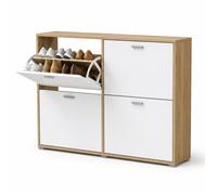 CATAVANA Meuble à Chaussures 24 Paires 4 Abattants Ultra Slim 23,5 cm Gain de Place Entrée Bois Clair et Blanc 118x23,5x75 cm