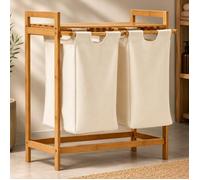 CATAVANA - Panier à Linge Bambou - 2 Compartiments (30L) - Idéal Salle de Bain/Buanderie - 64x33x73 cm - Couleur : Blanc