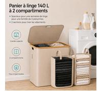 CATAVANA - Panier à Linge en Bambou Blanc avec Couvercle - Corbeille à Linge 140 L avec Double Sacs et Poignées