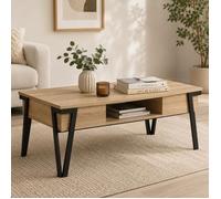 CATAVANA Table Basse Rectangulaire 110x55x45 cm - Acier Noir, Plateau Bois - Design Moderne pour Salon, Bureau ou Espace de Vie