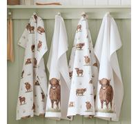 Catherine Lansfield Angus Highland Cow Ensemble de torchons de Cuisine en Coton 50x75cm Pack de 4 Naturel