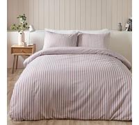 Catherine Lansfield Parure de lit réversible avec Housse de Couette et taies d'oreiller en Coton brossé à Rayures Rose pâle Super King Size