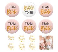 CATZUM Kit EVJF | Lot de 6 Badges & 6 Tatouages Éphémères Team Bride - Accessoires Enterrement Vie Jeune Fille 1 Mariée 5 Demoiselles d'honneur | Décoration Fête Mémorable