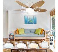 Caunmar Ventilateur De Plafond Silencieux Avec Lumiere Et Telecommande Minuterie, 40W Plafonnier Led Lustre Ventilateur De Plafond Chambre 5 Lames, 6 Vitesses Dimmable Pour Salon Cuisine-Wood Color